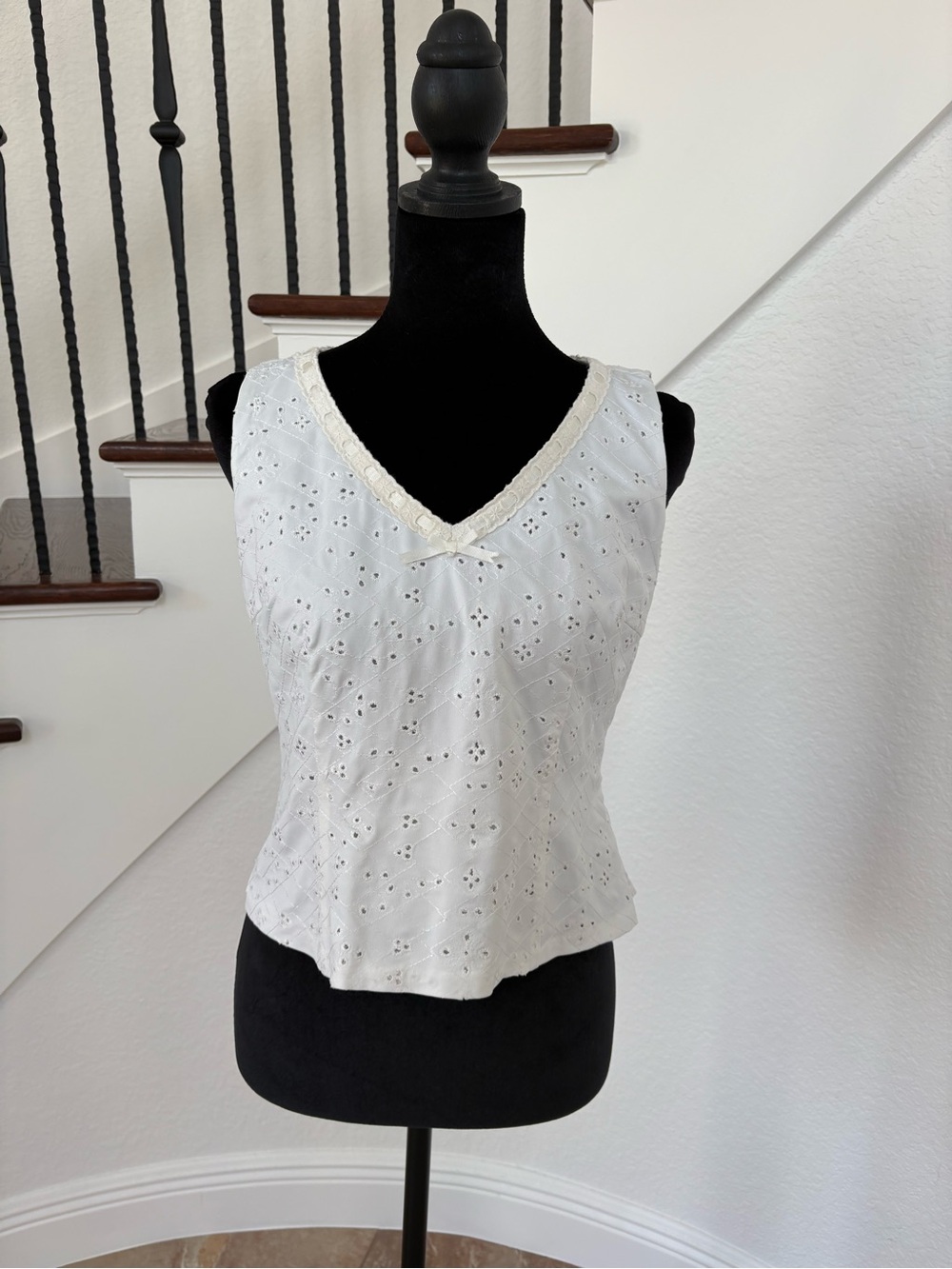 White Eyelet V-Neck Camisole with Lace Trim